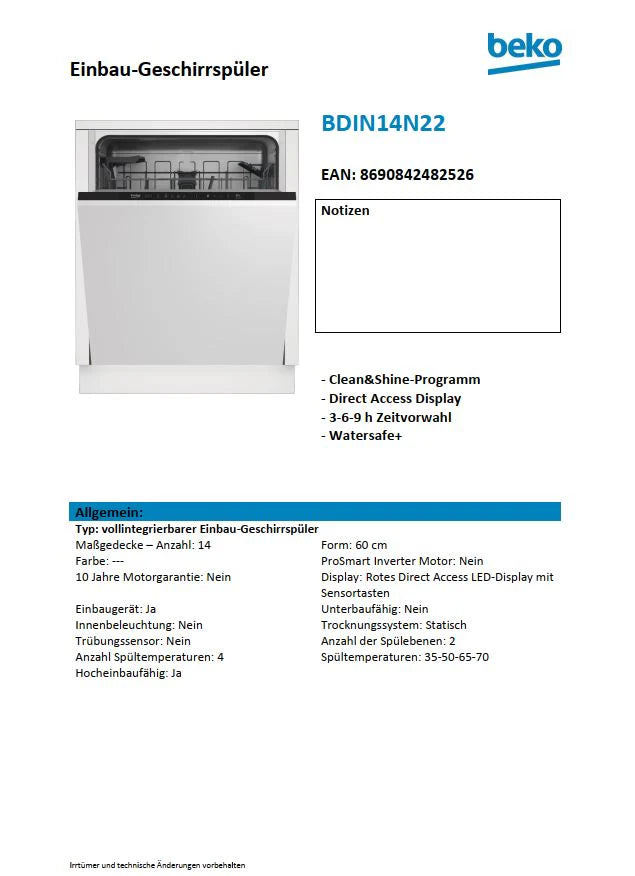 Beko Dishwasher BDIN14N22 60 cm Fully Integrated